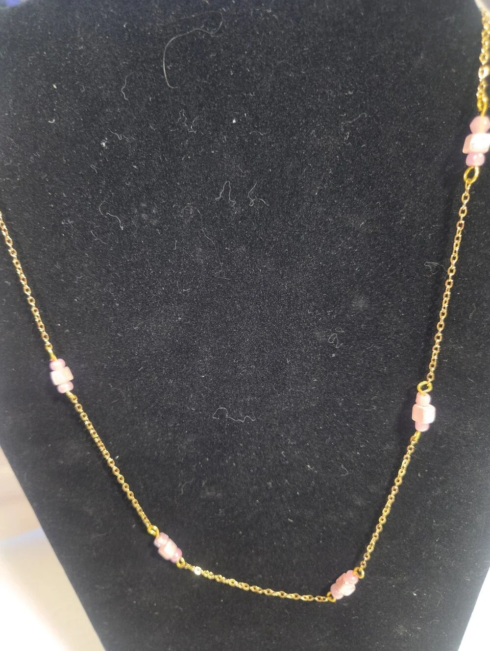 Handcrafted Gold Chain Station Necklace with Light Pink Bead Accents